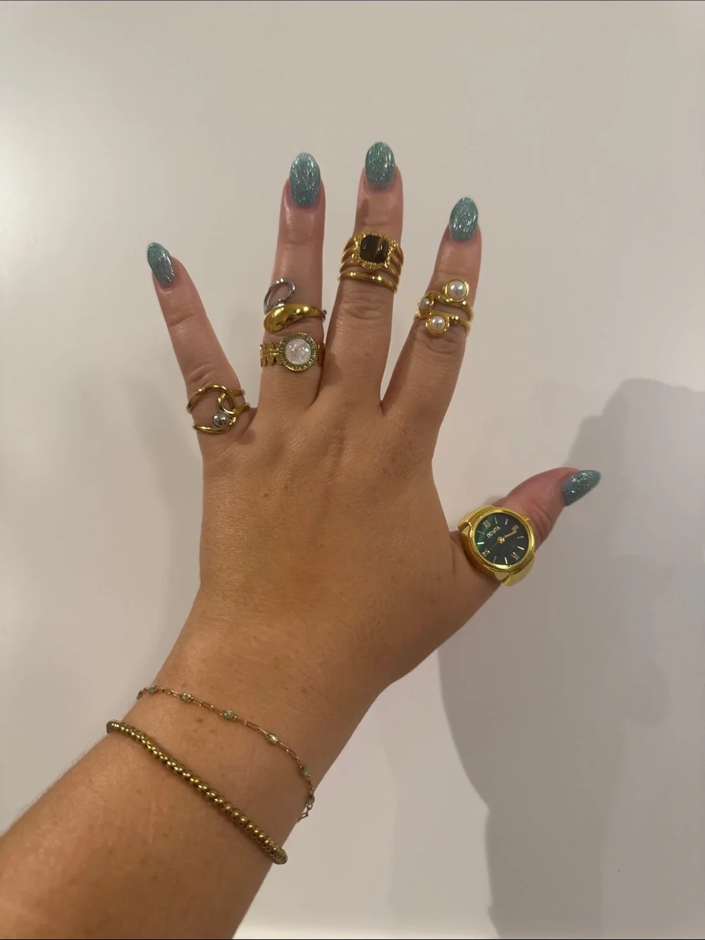 Gold Stackable Rings and Watch ring (works) Set -adjustable